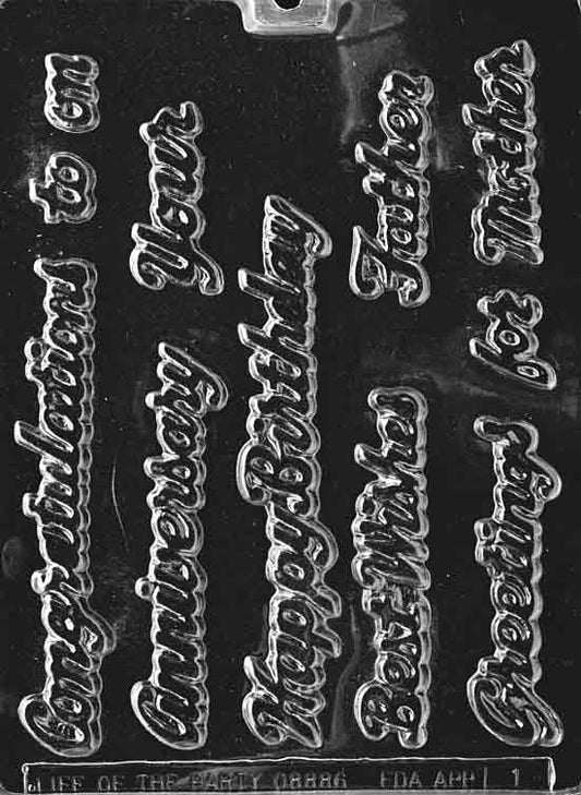 Salutations chocolate mold, clear mold shaped like words for candy making.