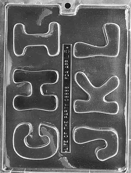Letters G–L chocolate mold, clear mold shaped like letters G through L for candy.