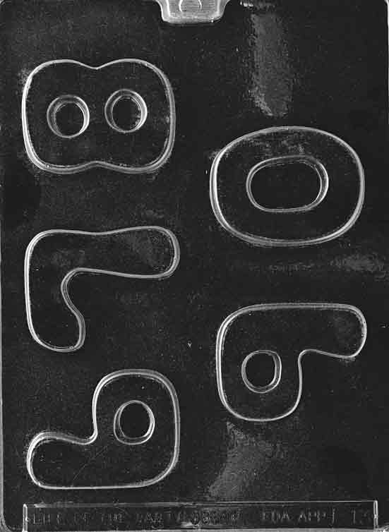 Numbers 6–0 chocolate mold, clear mold with number shapes six through zero for candy.