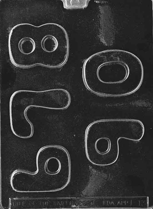 Numbers 6–0 chocolate mold, clear mold with number shapes six through zero for candy.