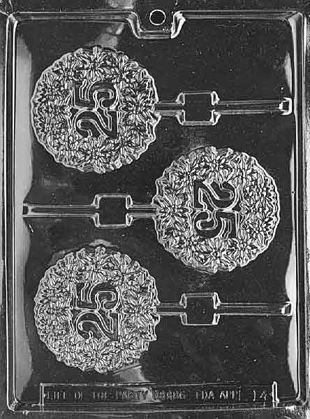 25th Lollipop chocolate mold, clear mold shaped like round pops with 25th detail.