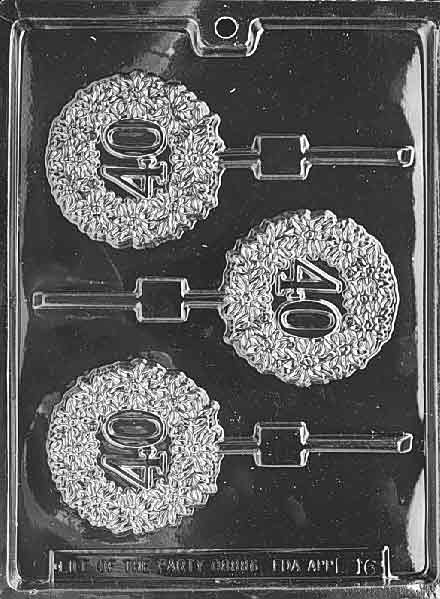 40th Lollipop chocolate mold, clear mold shaped like round 40th candy pops.