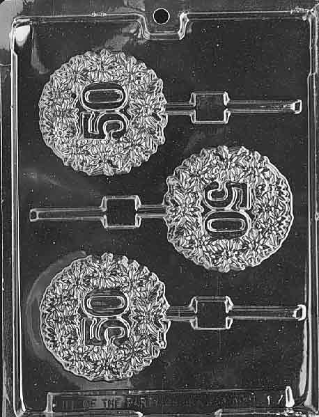 50th Lollipop chocolate mold, clear mold shaped like 50th round candy pops.