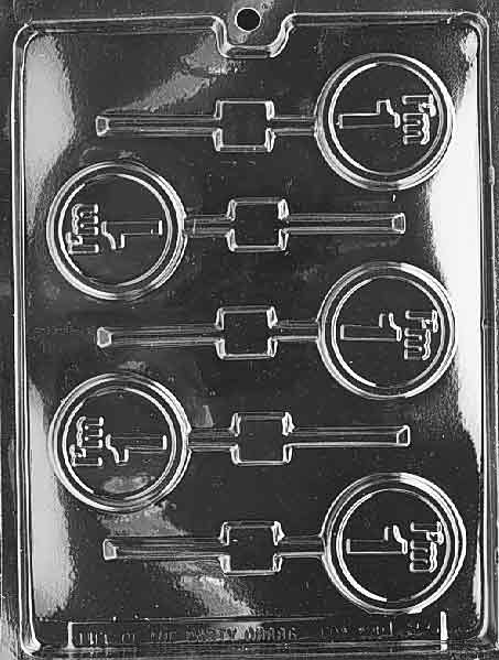 I’m 1 Lollipop chocolate mold, clear mold shaped like round pops with “I’m 1” lettering.