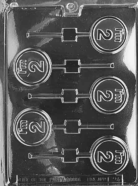 I’m 2 Lollipop chocolate mold, clear mold shaped like round pops with “I’m 2” lettering.