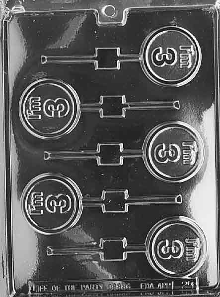 I’m 3 Lollipop chocolate mold, clear mold with round “I’m 3” candy pop design.