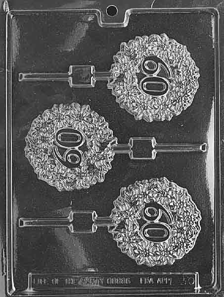 60th Lollipop chocolate mold, clear mold shaped like round 60th candy pops.