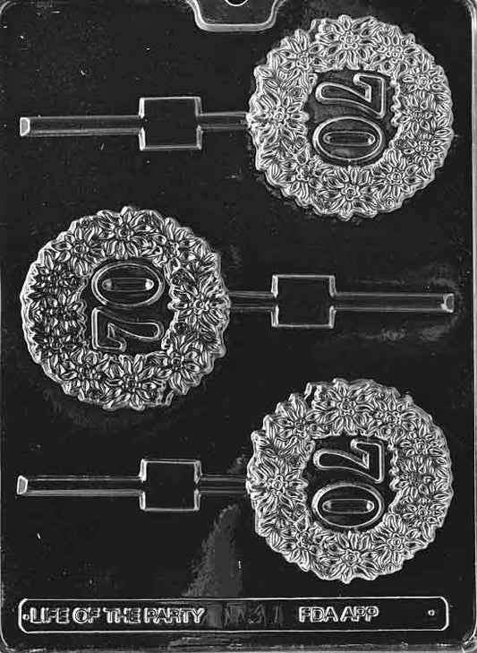 70th Lollipop chocolate mold, clear mold with round 70th design for candy pops.