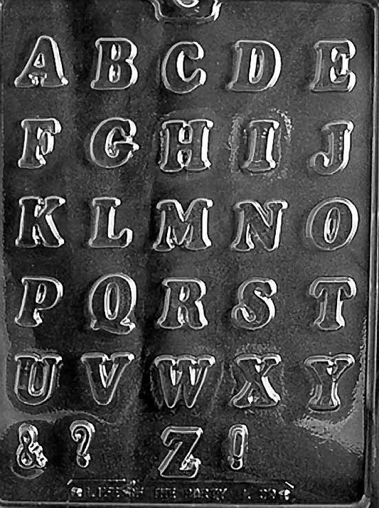 Small Alphabet Letters chocolate mold, clear mold with small A–Z letters.