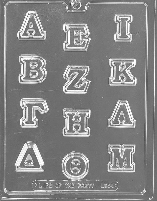 Greek Letters A–M chocolate mold, clear tray of Greek capitals from alpha to mu with sharp edges.