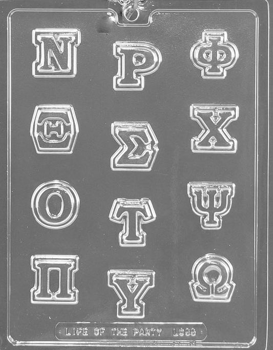 Greek Letters N–Omega chocolate mold, clear mold with Greek capitals from nu to omega.
