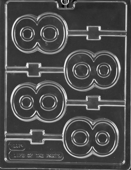 #8 Lollipop chocolate mold, clear mold with rounded figure-eight for chocolate lollipops.