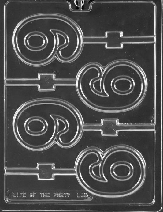 #9 Lollipop chocolate mold with curved nine numeral on a clear lollipop tray.