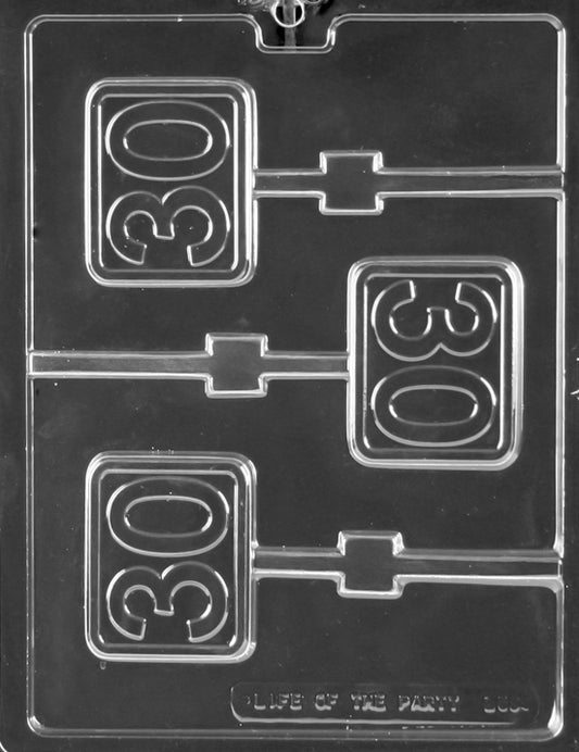 #30 Plain Lollipop chocolate mold, clear mold with straightforward 30 numeral pop.