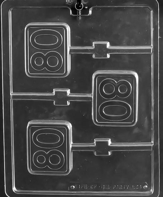#80 Plain Lollipop chocolate mold, clear tray with 80 numeral pop.