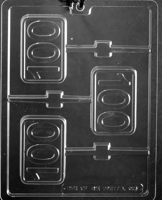 #100 Plain Lollipop chocolate mold, clear pop tray with 100 numeral.