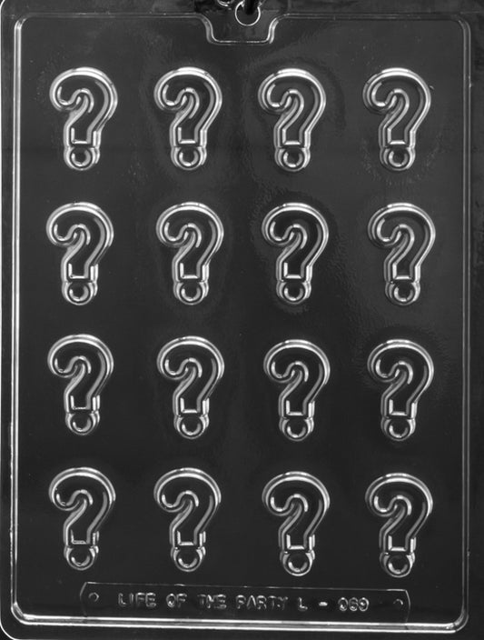 Mini Question Marks chocolate mold, clear sheet with multiple small question mark cavities.