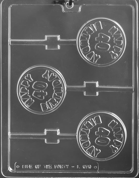 Happy 40th Birthday Lollipop mold, clear pop mold with raised Happy 40th lettering.