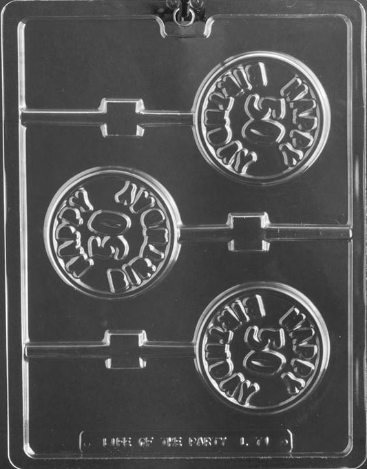 Happy 50th Birthday Lollipop chocolate mold, clear mold showing Happy 50th text on a pop.
