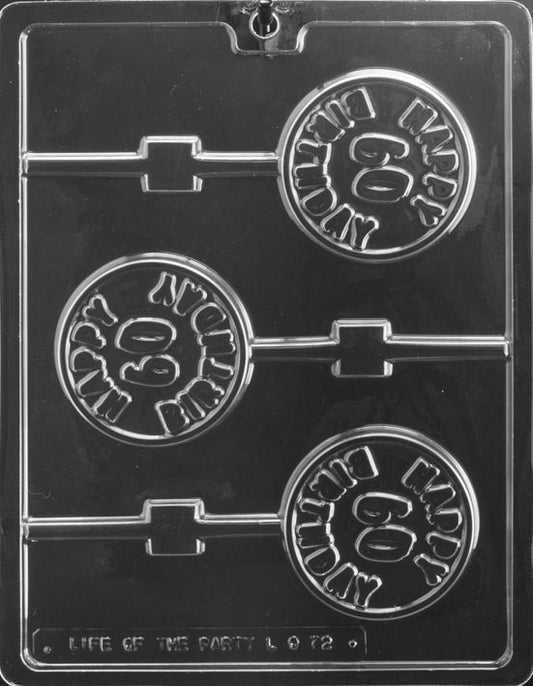 Chocolate mold L072 Happy 60th Birthday Lollipop with bold raised lettering design for milestone birthday pops, shown as round disc with clear detail.