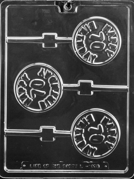 Chocolate mold L073 Happy 70th Birthday Lollipop featuring circular pop design with raised lettering for milestone celebration chocolates.