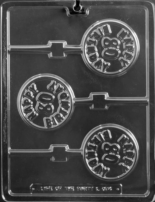 Chocolate mold L074 Happy 80th Birthday Lollipop with raised lettering on circular chocolate pop design, ideal for milestone party favors.