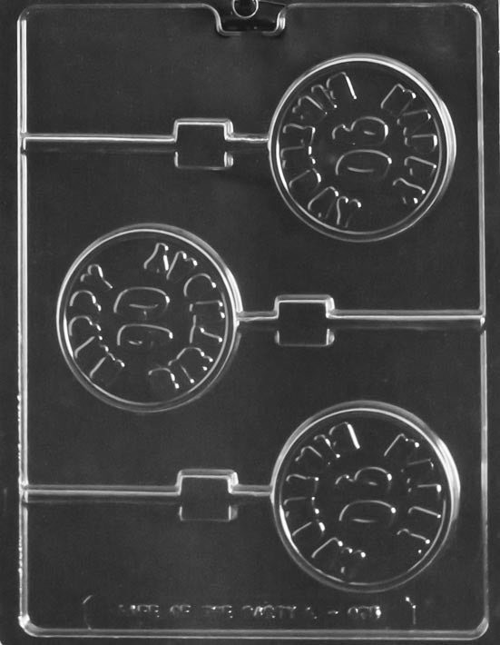 Chocolate mold L075 Happy 90th Birthday Lollipop, circular chocolate pop mold with raised milestone lettering for 90th birthday celebrations.