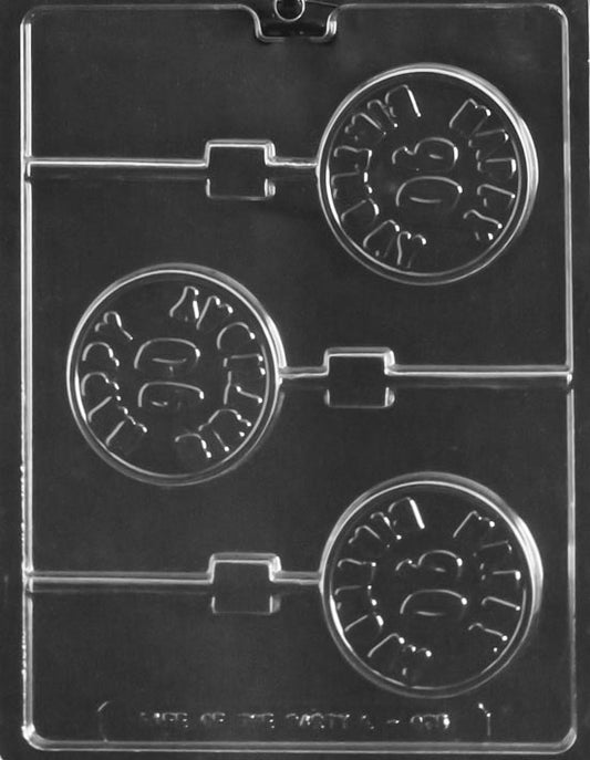Chocolate mold L075 Happy 90th Birthday Lollipop, circular chocolate pop mold with raised milestone lettering for 90th birthday celebrations.