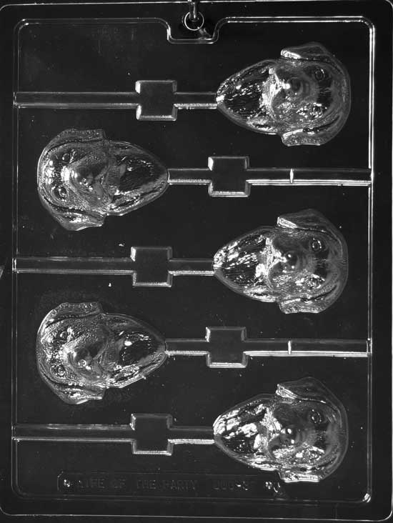 Clear lollipop mold with five Labrador retriever faces featuring floppy ears and a rounded snout, each cavity aligned with a stick channel on a glossy plastic sheet.