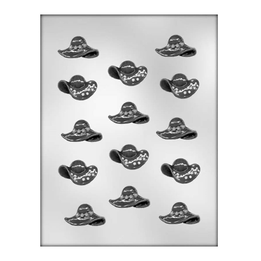 A chocolate mold designed with twelve cavities, each shaped like a stylized ladies' hat complete with decorative band and bow, ideal for Mother's Day, women's events, or as playful edible accessories for themed gatherings.