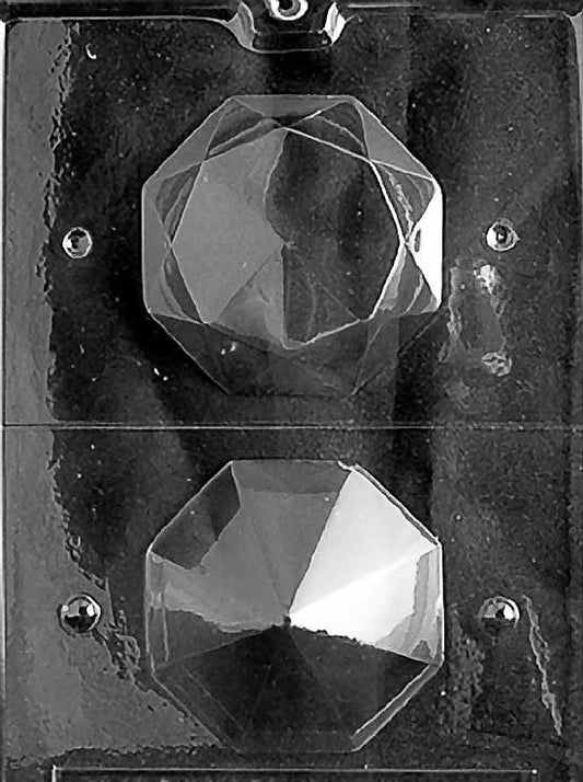 Large 3D Diamond candy mold with two deep, faceted cavities designed for creating geometric chocolate or candy pieces; clear plastic mold with a glossy surface finish.