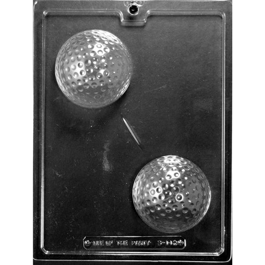 Clear chocolate mold with two dimpled hemispherical cavities for assembling one large 3-inch 3D golf ball