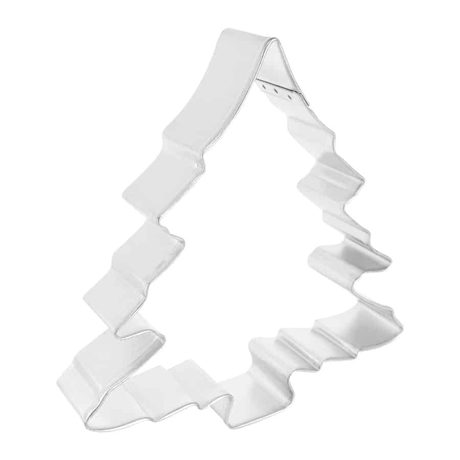 Side view of a Christmas tree-shaped cookie cutter made of tinplate steel.