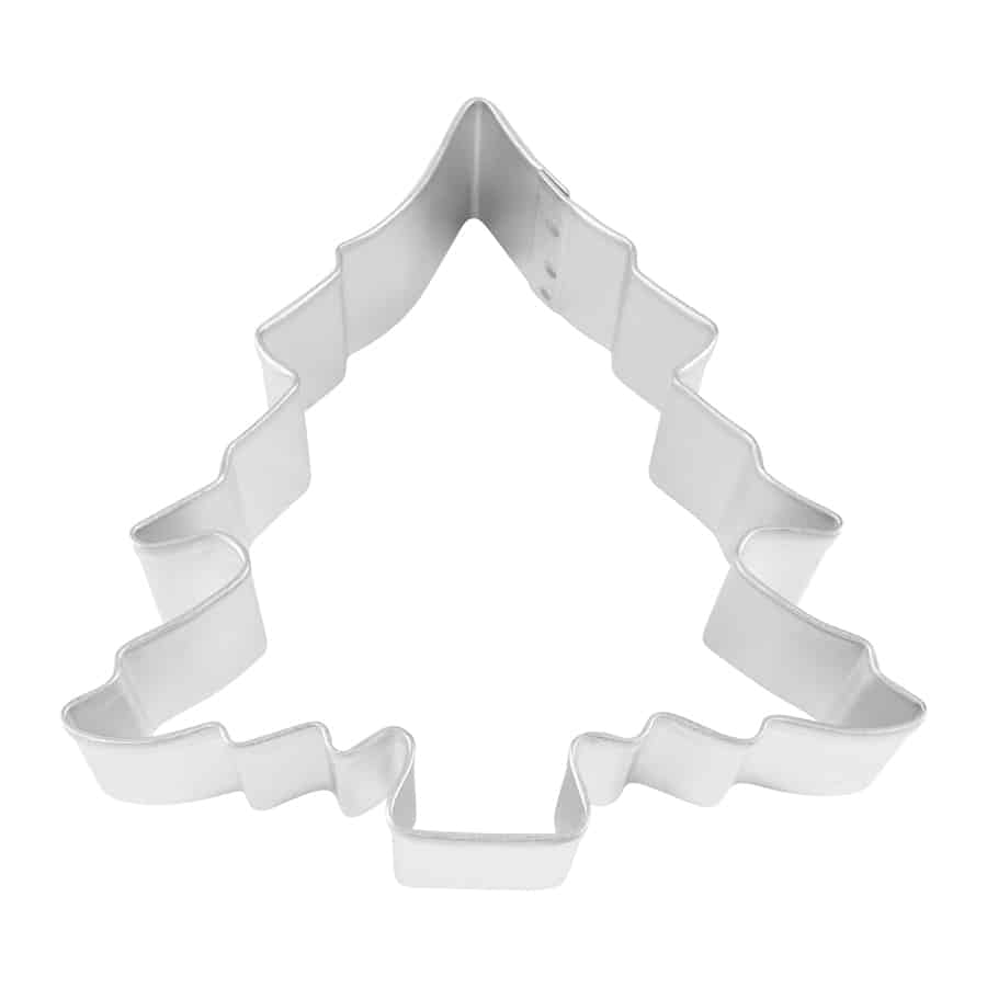 Metal Christmas tree cookie cutter with a festive zigzag edge design.