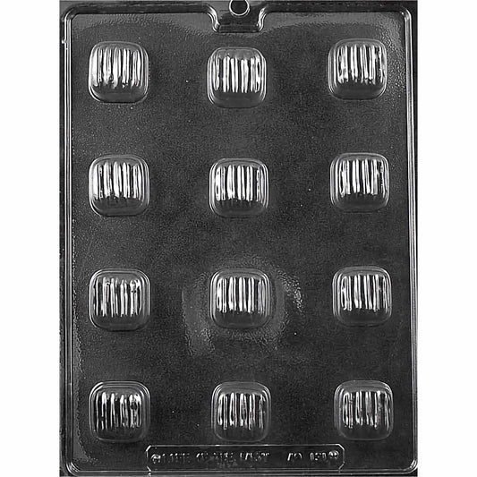 Clear plastic chocolate mold sheet with multiple deep square cavities, each topped with vertical ridges; designed for large caramel chocolates. Each cavity about 1-3/8 x 1-3/8 x 3/4 inches, producing roughly 0.5 oz pieces ideal for solid or filled candies.