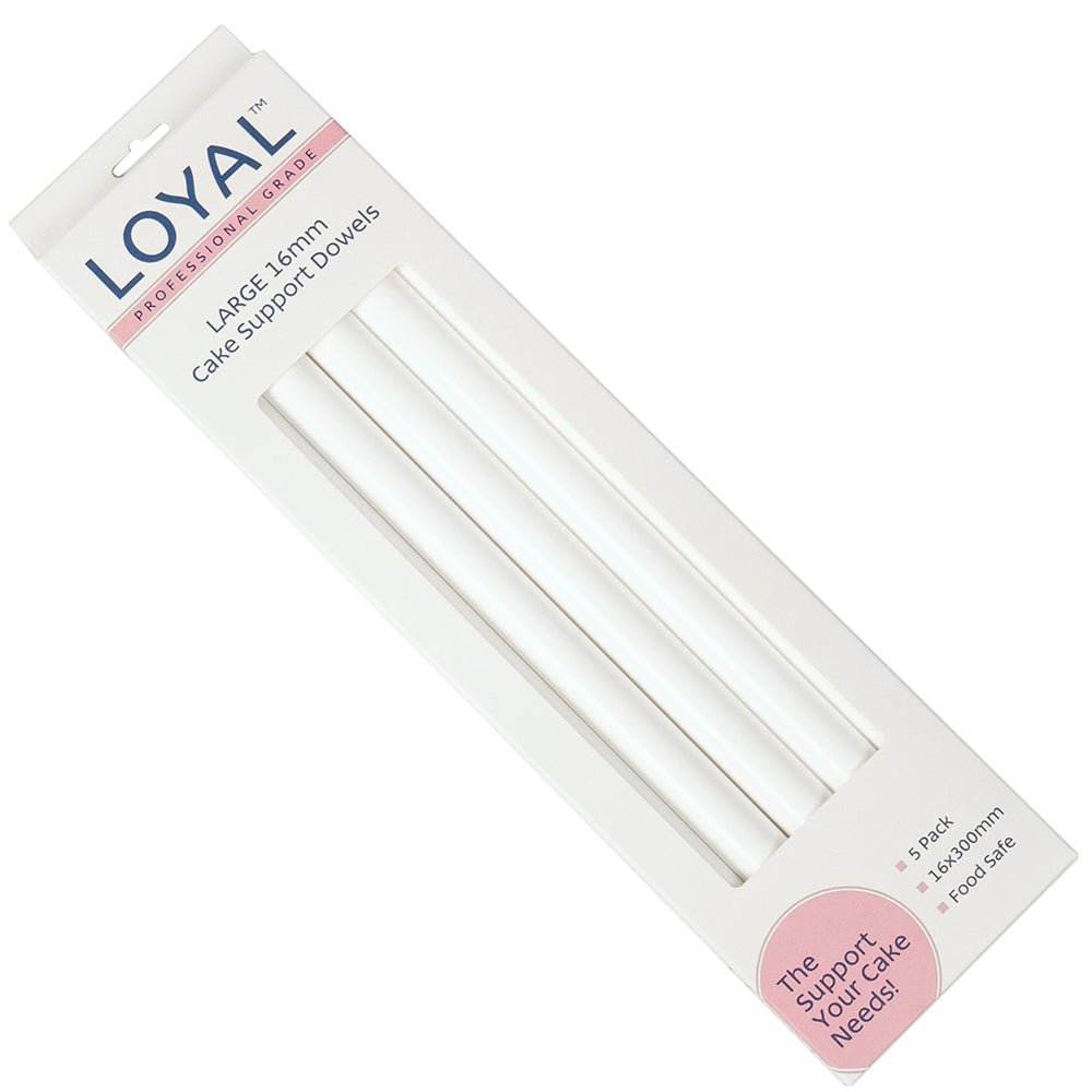 LOYAL Professional Grade package containing large white cake support dowels labeled “Large 16mm Cake Support Dowels,” showing a 5-pack and 16 x 300mm details on a white background.