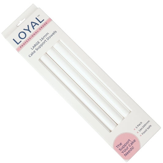 LOYAL Professional Grade package containing large white cake support dowels labeled “Large 16mm Cake Support Dowels,” showing a 5-pack and 16 x 300mm details on a white background.