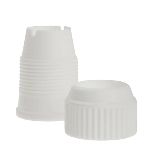 Two-piece large white plastic piping tip coupler from Ateco, designed for quick tip changes when decorating cakes and pastries.
