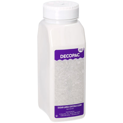 DecoPac Clear Large Crystal Sugar in a tall white plastic shaker container with a white screw-on lid and purple DecoPac product label, item #21047.