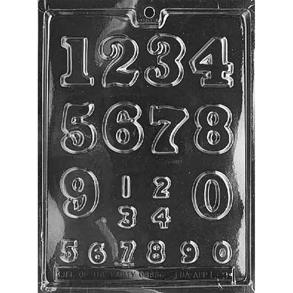 Plastic chocolate mold featuring large and small number designs 0–9, used for creating chocolate digits for birthdays, anniversaries, and celebration treats.
