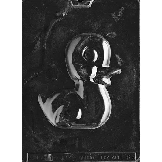 Clear plastic chocolate mold with one large flat baby duckling cavity in side profile, featuring a rounded head, small beak, raised eye, and wing detail on a dark background.