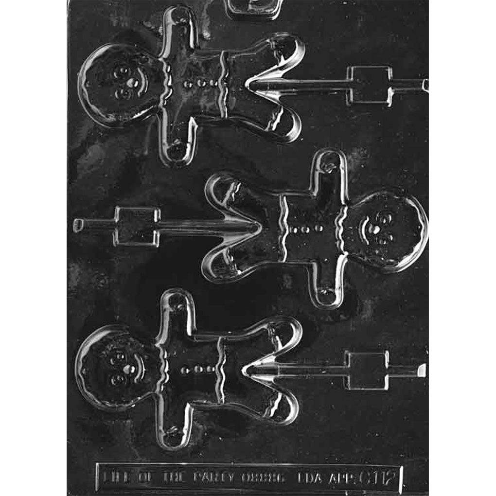 Clear plastic chocolate lollipop mold with three large gingerbread man cavities featuring a smiling face, wavy icing-style trim, and button details, each connected to a stick channel on a dark background.