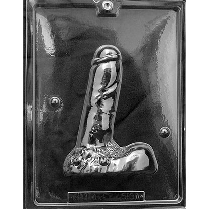 Clear plastic chocolate mold photographed against a black background, showing one half of a large adult novelty shape with a rounded top and wide base for creating a 3D chocolate.