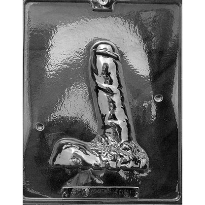 Clear plastic chocolate mold photographed against a black background, showing the matching opposite half of a large adult novelty shape with a rounded top and wide base for creating a full 3D chocolate.