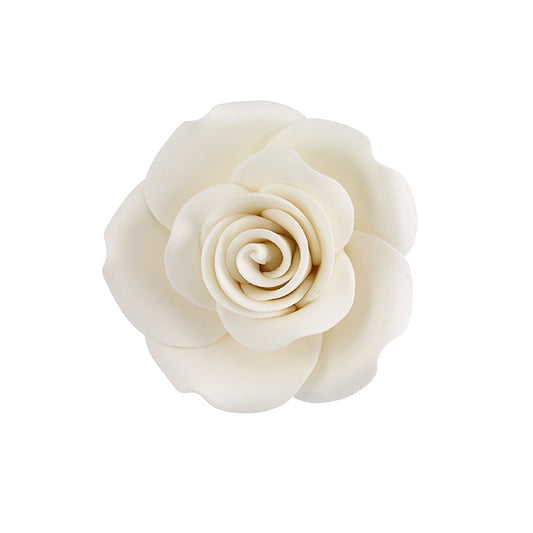 White gum paste garden rose with layered petals and a spiral center, measuring 4 inches wide and mounted on a wire stem for cake decorating.