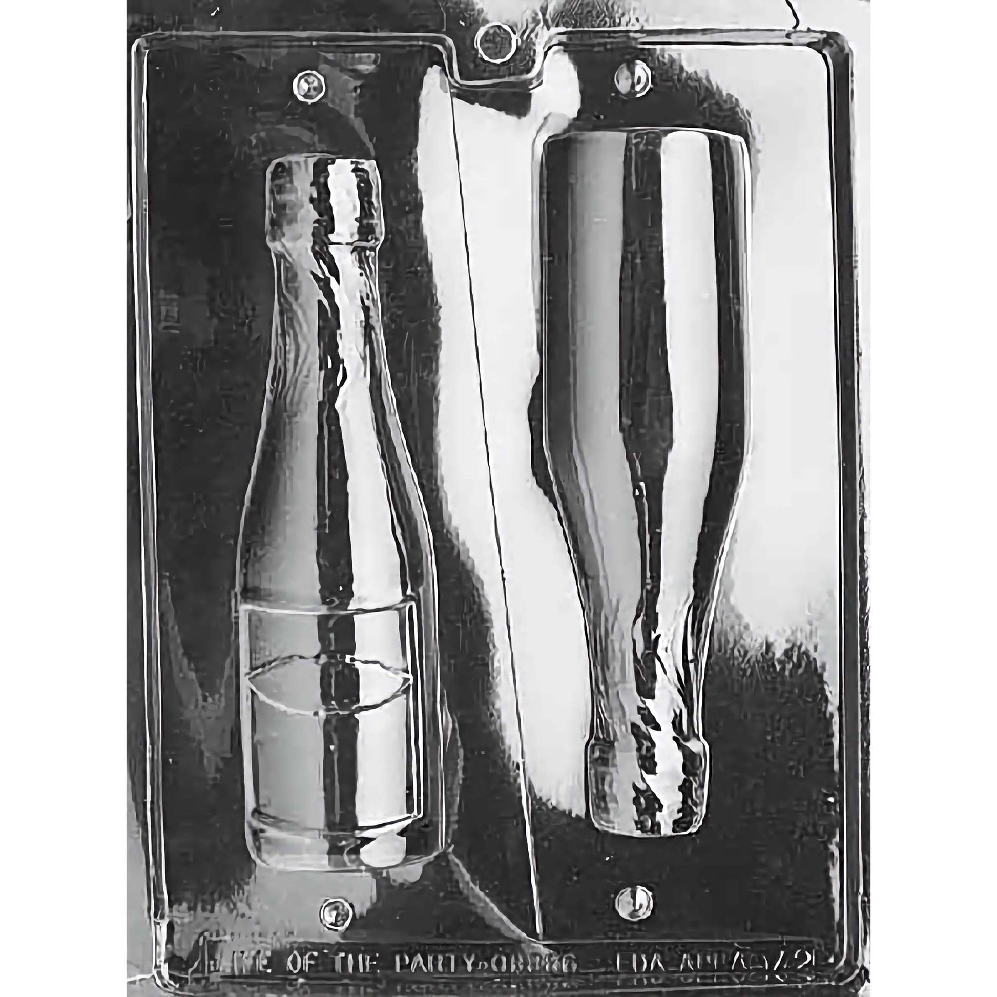 Chocolate mold with two cavities forming a large 3D champagne bottle.