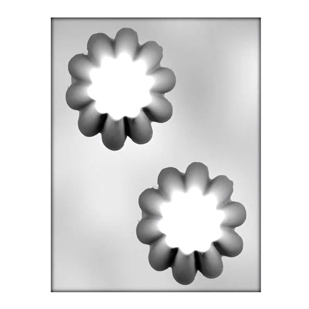 A clear plastic chocolate mold designed for creating two large dessert cups. Each mold cavity is shaped like a fluted flower with scalloped edges, offering a sophisticated and decorative design for chocolate creations. The center of the flower is recessed, allowing for the creation of a hollow cup to fill with treats.