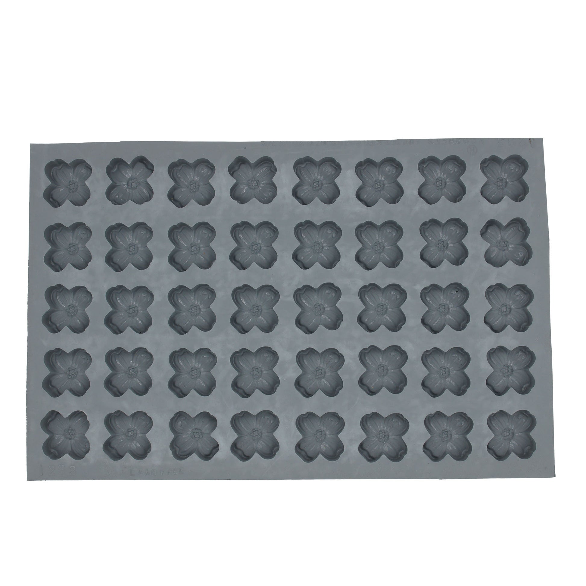 A rectangular rubber mold with 40 cavities shaped like dogwood flowers, ideal for making cream cheese mints and chocolates. Each cavity measures 1.5 inches by 1.5 inches by 0.5 inches deep.