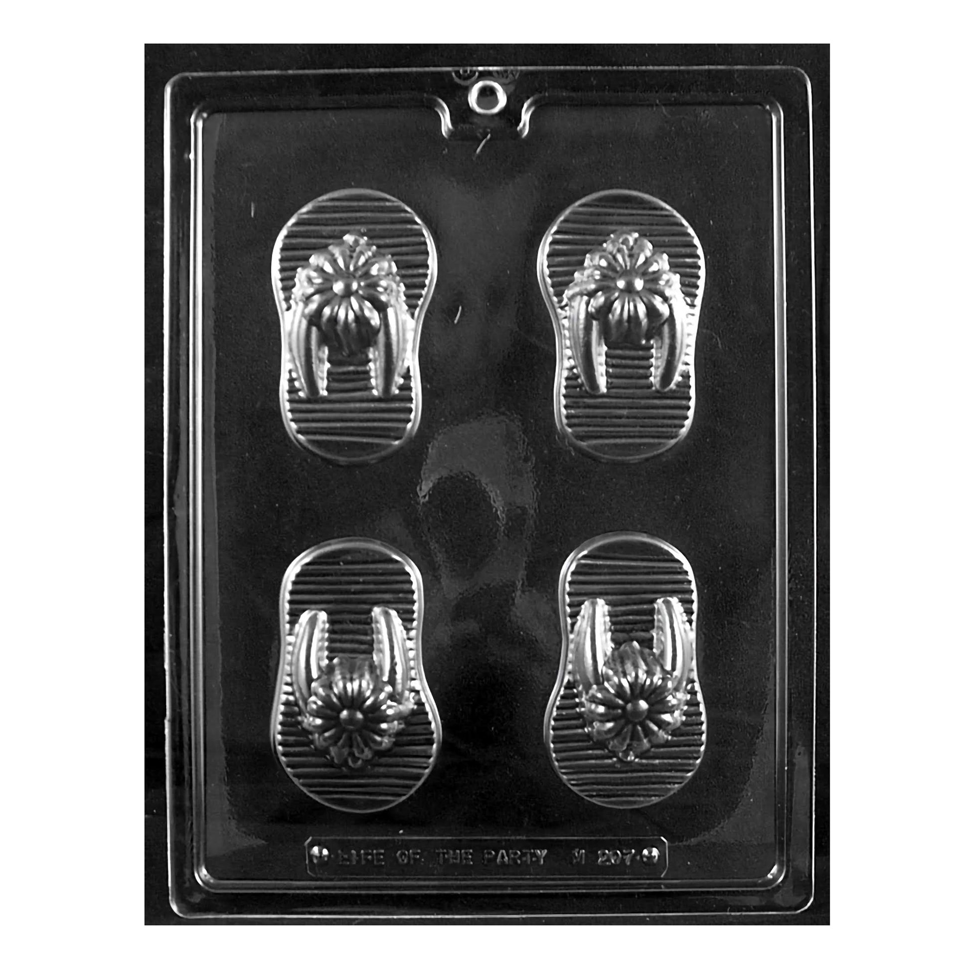 A chocolate mold featuring four large cavities shaped like flip-flops. The cavities have a detailed pattern, resembling the straps and soles of real flip-flops, perfect for creating summer-themed chocolate treats.