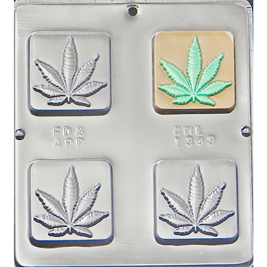 Marijuana Leaf Square Bar Chocolate Mold with 4 cavities, each featuring a detailed marijuana leaf on a square bar design, ideal for 2.75-inch chocolate pieces.